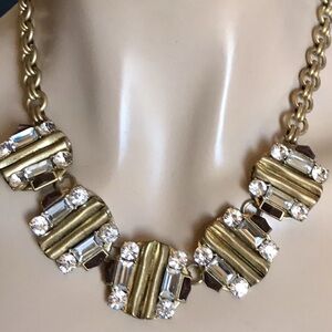 J CREW Chunky RHINESTONE STATEMENT Necklace Gold Tone Clear Black